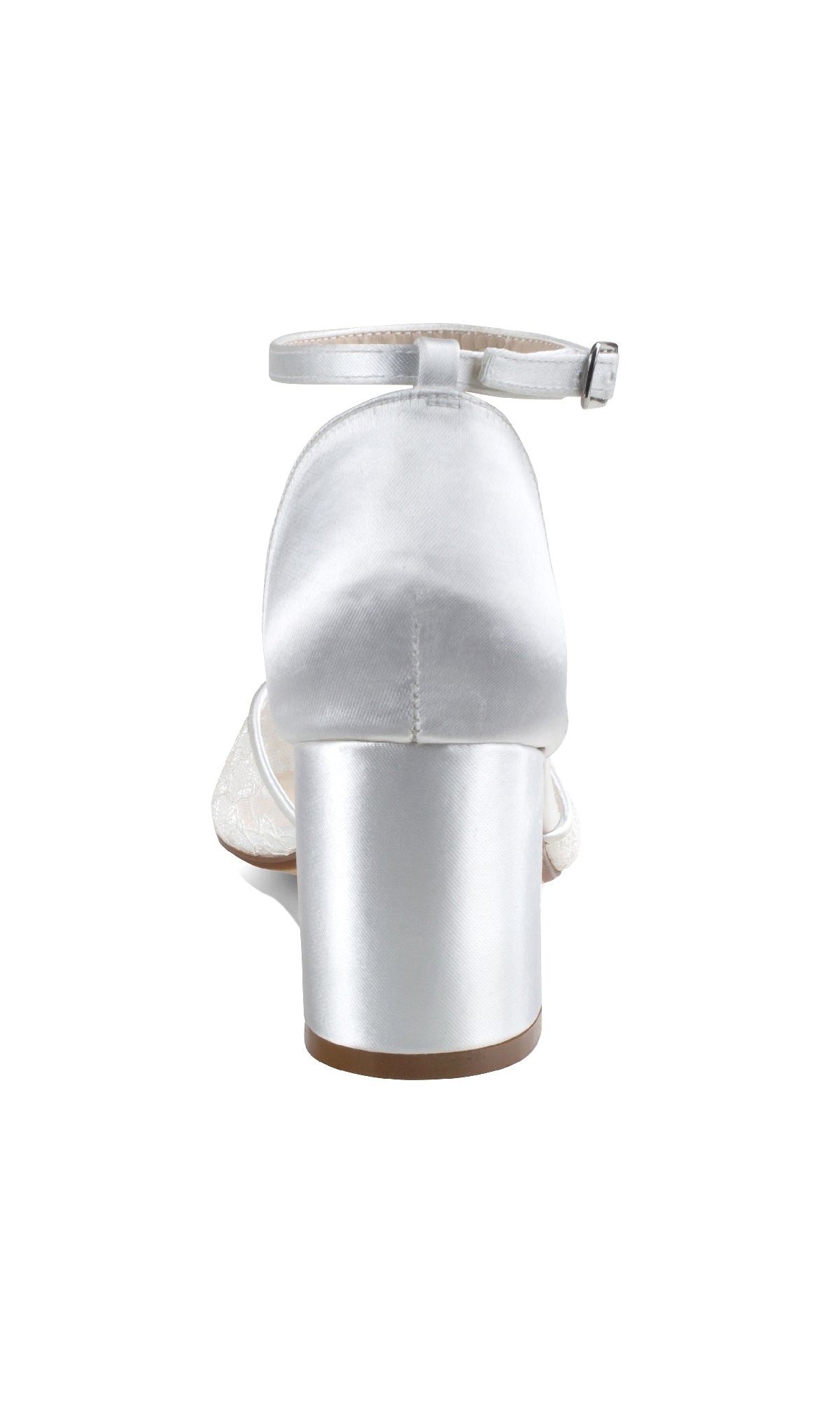 The Hazel White Lace Prom Dress Shoes (Dyeables 4612) are satin, closed-toe heels with an ankle strap and buckle, shown from the back on a plain white background.